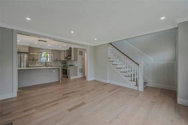 Interior, Kitchen, Pendant Lights, Recessed Lighting, Stainless Steel Appliances, Wood Texture Flooring
