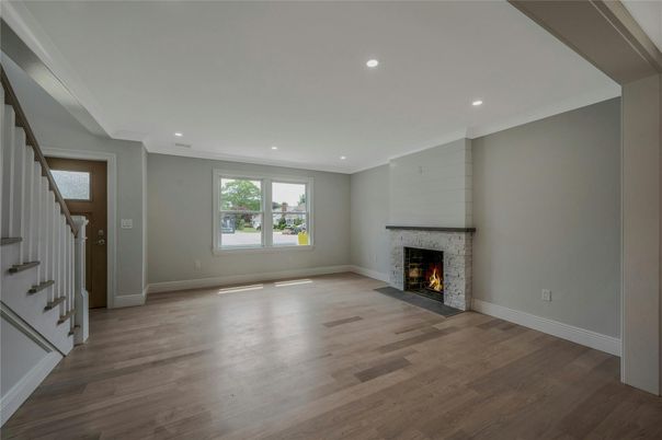 Empty room, Fireplace, Interior, Recessed Lighting, Wood Texture Flooring