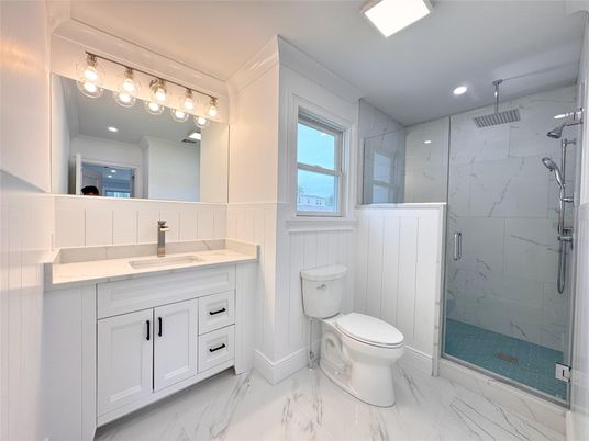 Bathroom, Glass Shower, Interior, Marble, Marble Walls, Recessed Lighting