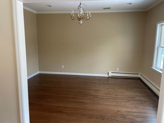 Chandelier, Empty room, Interior, Recessed Lighting, Wood Texture Flooring