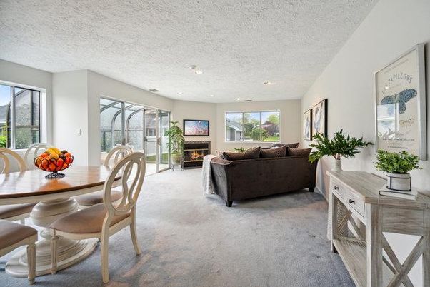 Dining room, Fireplace, Interior, Living room, Recessed Lighting