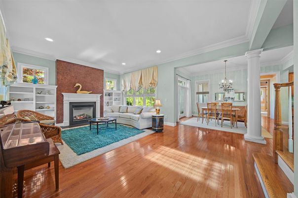 Chandelier, Dining room, Fireplace, Interior, Living room, Recessed Lighting, Wood Texture Flooring