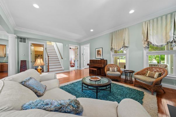 Interior, Living room, Piano, Recessed Lighting, Wood Texture Flooring
