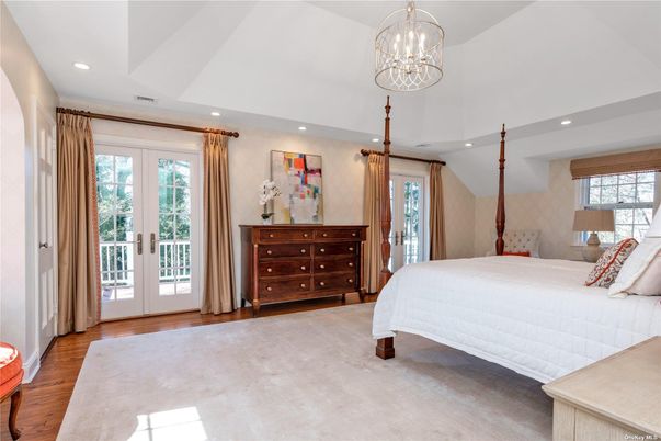 Bedroom, Chandelier, Interior, Recessed Lighting, Wood Texture Flooring
