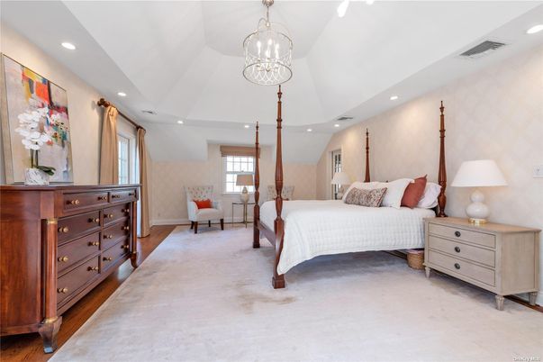Bedroom, Interior, Pendant Lights, Recessed Lighting, Wood Texture Flooring