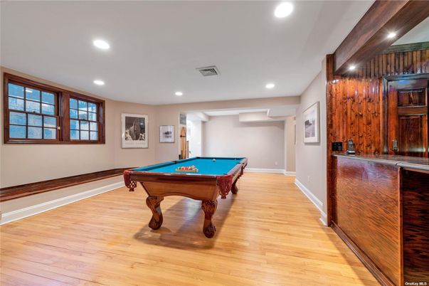 Billiard Table, Game Room, Interior, Recessed Lighting, Wood Texture Flooring, Wooden Walls