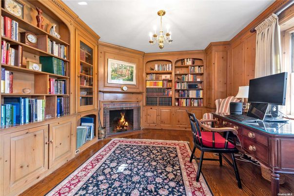 Chandelier, Fireplace, Home Office, Interior, Wood Texture Flooring, Wooden Walls
