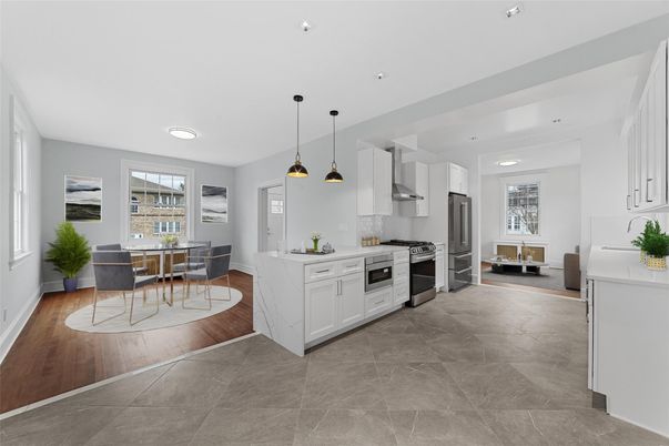 Dining room, Interior, Kitchen, Pendant Lights, Recessed Lighting, Stainless Steel Appliances, Wood Texture Flooring