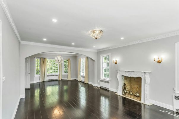Chandelier, Empty room, Fireplace, Interior, Recessed Lighting, Wood Texture Flooring