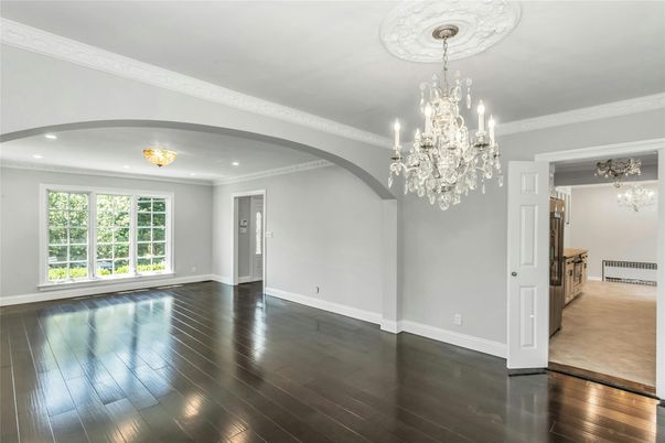 Chandelier, Empty room, Interior, Recessed Lighting, Wood Texture Flooring