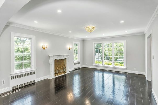 Chandelier, Empty room, Fireplace, Interior, Recessed Lighting, Wood Texture Flooring