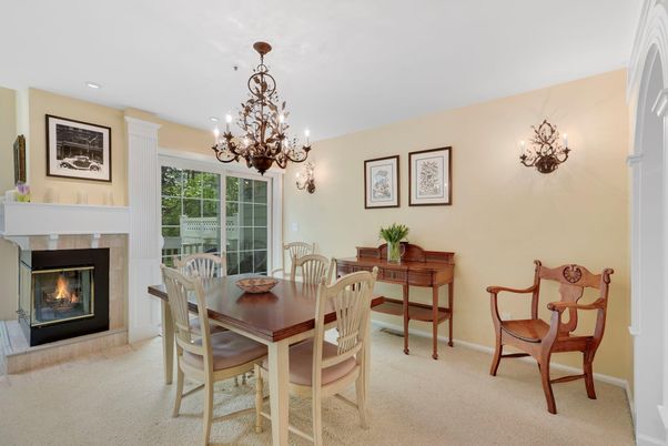 Chandelier, Dining room, Fireplace, Interior, Recessed Lighting