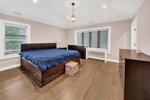 Bedroom, Interior, Pendant Lights, Recessed Lighting, Wood Texture Flooring