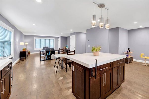 Dining room, Interior, Pendant Lights, Recessed Lighting, Wood Texture Flooring