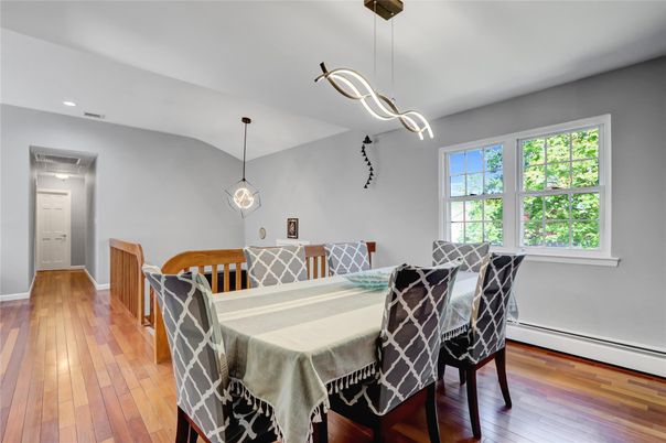 Dining room, Interior, Pendant Lights, Recessed Lighting, Wood Texture Flooring