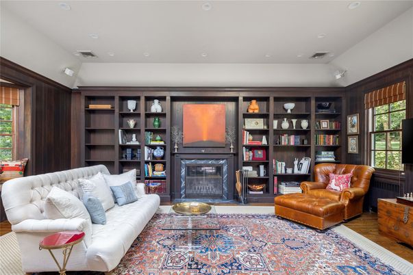 Fireplace, Interior, Living room, Recessed Lighting, Wood Texture Flooring