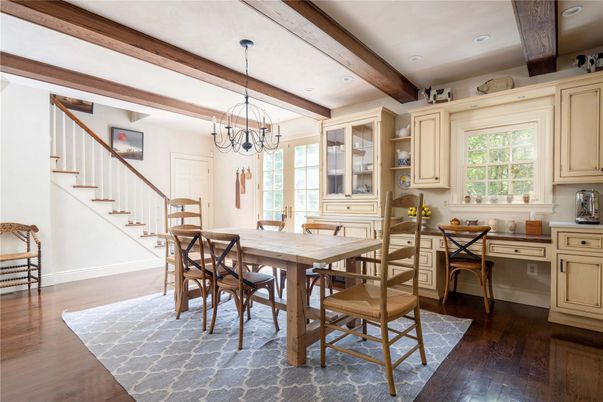 Chandelier, Dining room, Interior, Recessed Lighting, Wooden Beams, Wood Texture Flooring
