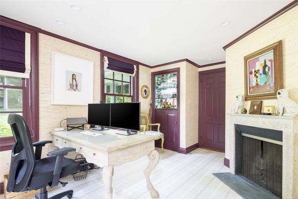 Fireplace, Home Office, Interior, Recessed Lighting, Wood Texture Flooring