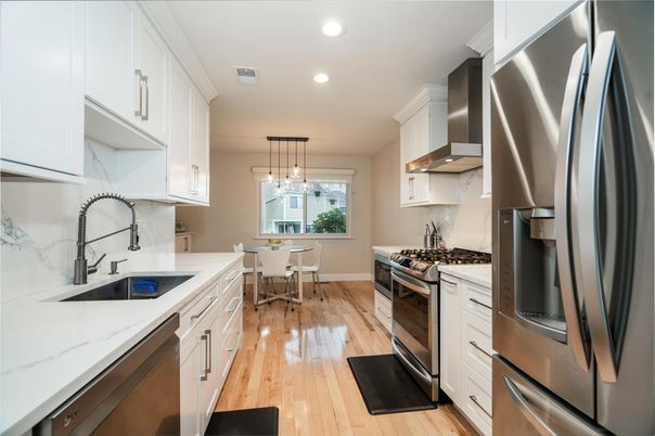 Dining room, Interior, Kitchen, Pendant Lights, Recessed Lighting, Stainless Steel Appliances, Wood Texture Flooring