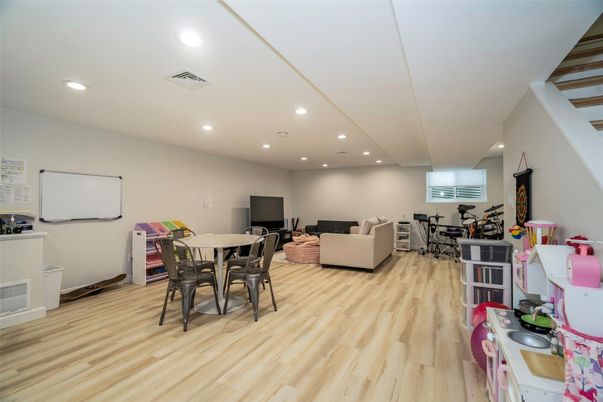 Dining room, Interior, Living room, Recessed Lighting, Wood Texture Flooring