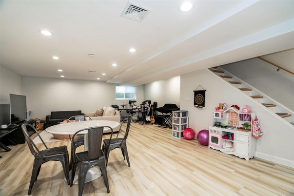 Dining room, Interior, Recessed Lighting, Wood Texture Flooring
