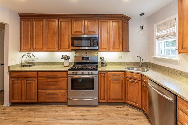 Interior, Kitchen, Pendant Lights, Stainless Steel Appliances, Wood Texture Flooring