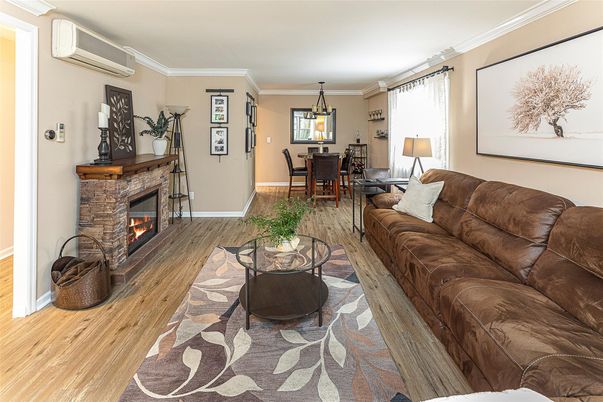 Dining room, Fireplace, Interior, Living room, Pendant Lights, Wood Texture Flooring