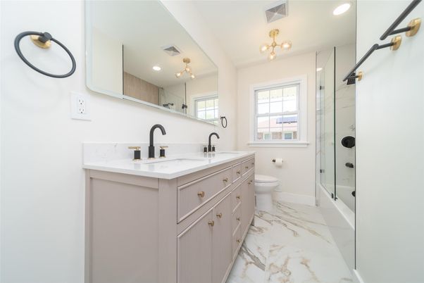 Bathroom, Dual Sink Vanities, Glass Shower, Interior, Marble, Recessed Lighting