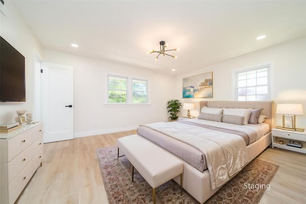 Bedroom, Interior, Pendant Lights, Recessed Lighting, Wood Texture Flooring