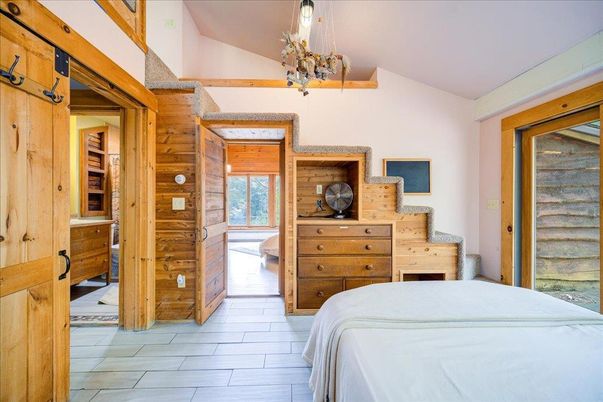 Bedroom, Chandelier, Interior, Wood Texture Flooring, Wooden Walls