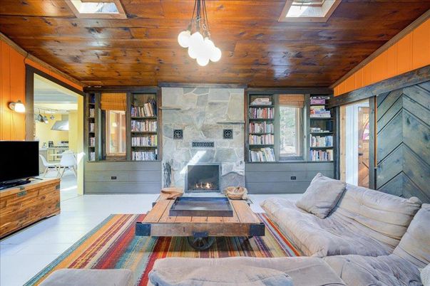 Fireplace, Interior, Living room, Pendant Lights, Stone Walls, Wooden Ceilings, Wooden Walls