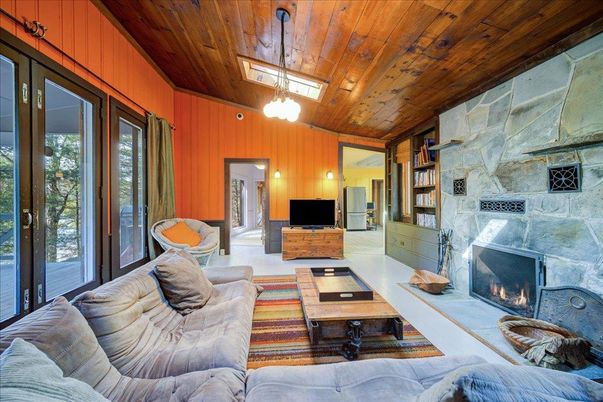 Fireplace, Interior, Living room, Pendant Lights, Stone Walls, Wooden Ceilings
