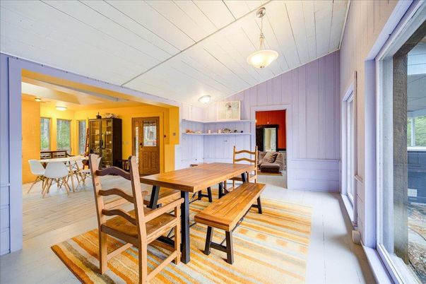 Dining room, Interior, Pendant Lights, Wood Texture Flooring, Wooden Walls