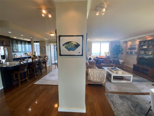 Dining room, Interior, Kitchen, Living room, Recessed Lighting, Stainless Steel Appliances, Wood Texture Flooring