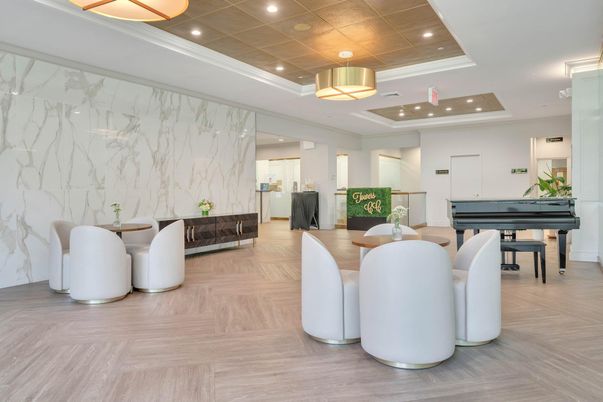Dining room, Interior, Marble Walls, Pendant Lights, Piano, Recessed Lighting, Wood Texture Flooring