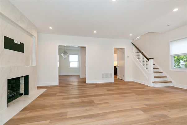 Empty room, Fireplace, Interior, Pendant Lights, Recessed Lighting, Wood Texture Flooring