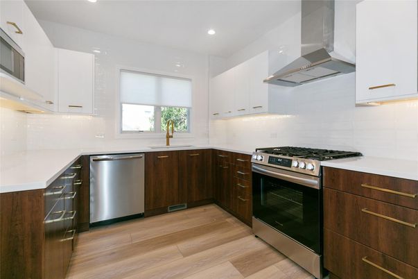 Interior, Kitchen, Recessed Lighting, Stainless Steel Appliances, Wood Texture Flooring
