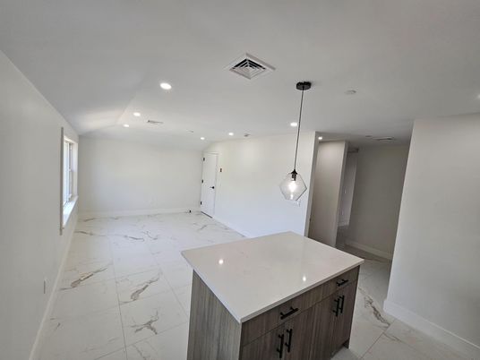 Empty room, Interior, Kitchen, Marble, Pendant Lights, Recessed Lighting