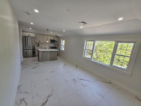 Interior, Kitchen, Marble, Pendant Lights, Recessed Lighting, Stainless Steel Appliances