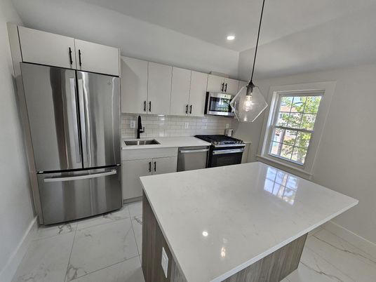 Interior, Kitchen, Marble, Pendant Lights, Recessed Lighting, Stainless Steel Appliances