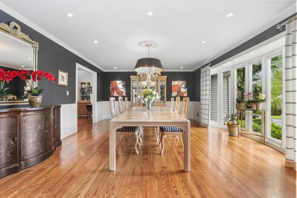 Dining room, Interior, Recessed Lighting, Wood Texture Flooring