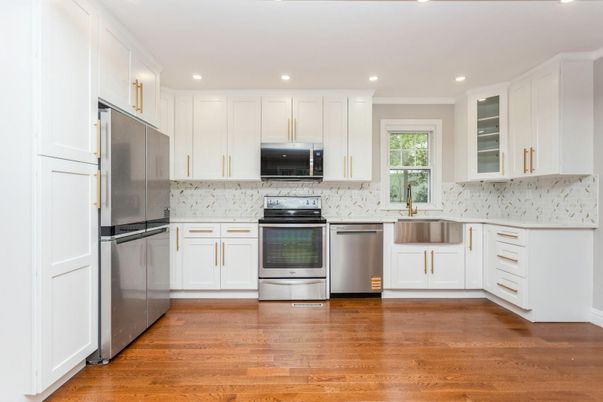 Interior, Kitchen, Recessed Lighting, Stainless Steel Appliances, Wood Texture Flooring