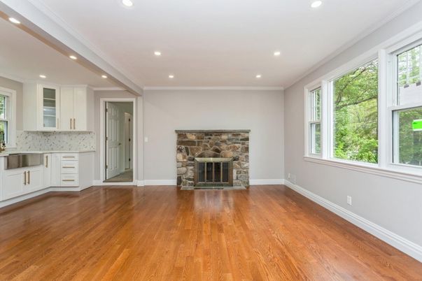 Empty room, Fireplace, Interior, Kitchen, Recessed Lighting, Wood Texture Flooring