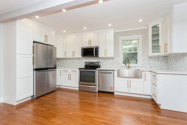 Interior, Kitchen, Recessed Lighting, Stainless Steel Appliances, Wood Texture Flooring