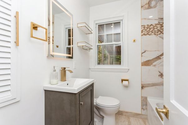 Bathroom, Interior, Marble Walls, Wood Texture Flooring