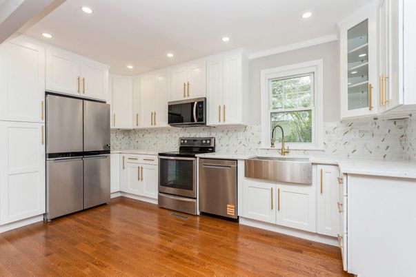 Interior, Kitchen, Recessed Lighting, Stainless Steel Appliances, Wood Texture Flooring
