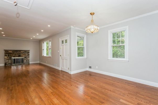 Empty room, Fireplace, Interior, Recessed Lighting, Wood Texture Flooring