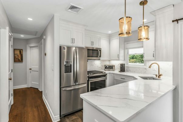 Interior, Kitchen, Pendant Lights, Recessed Lighting, Stainless Steel Appliances, Wood Texture Flooring