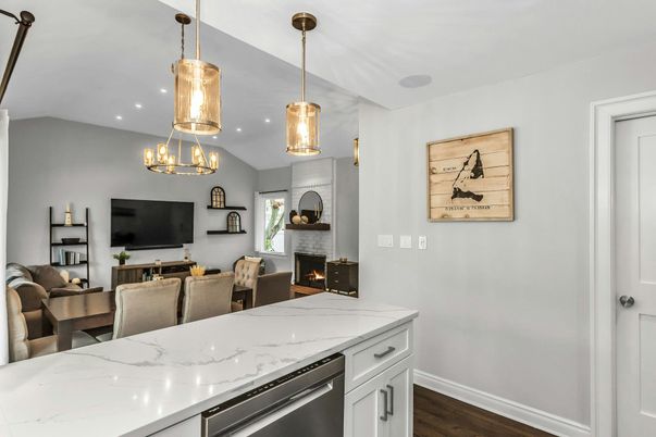 Dining room, Fireplace, Interior, Kitchen, Living room, Pendant Lights, Recessed Lighting, Wood Texture Flooring