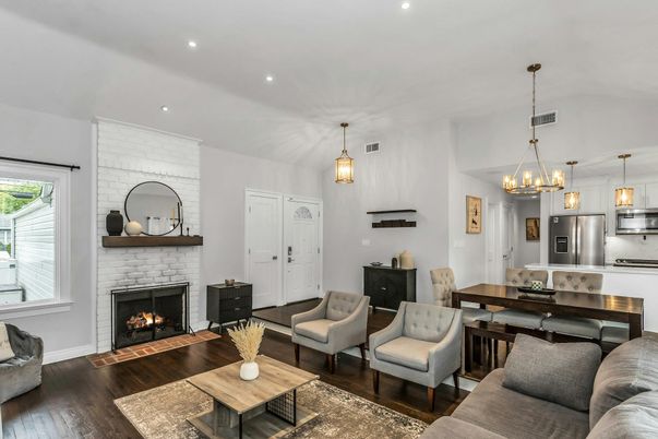Dining room, Fireplace, Interior, Kitchen, Living room, Pendant Lights, Recessed Lighting, Stainless Steel Appliances, Wood Texture Flooring